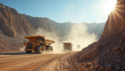 A fleet of yellow mining trucks operates in an open-pit mine, highlighting heavy industrial activity.

