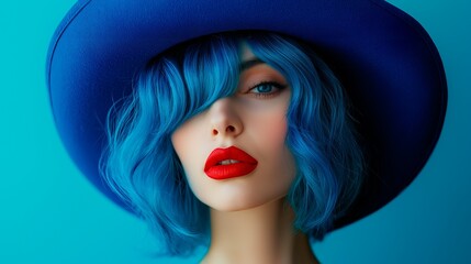 Fototapeta premium photo model with blue hair and red lips