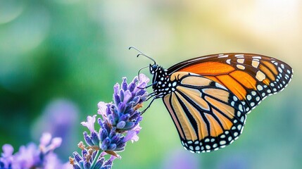 Fototapeta premium A close-up of a butterfly on a plant with purple flowers in the foreground and a blurry background is a stunning image that showcases the beauty of nature The focus on the