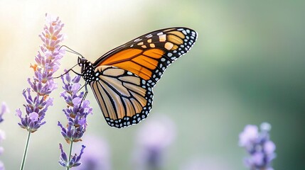 Obraz premium Butterfly on plant with purple flowers in foreground and blurry background