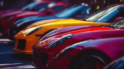 Fototapeta premium Line of Red, Yellow, and Blue Sports Cars