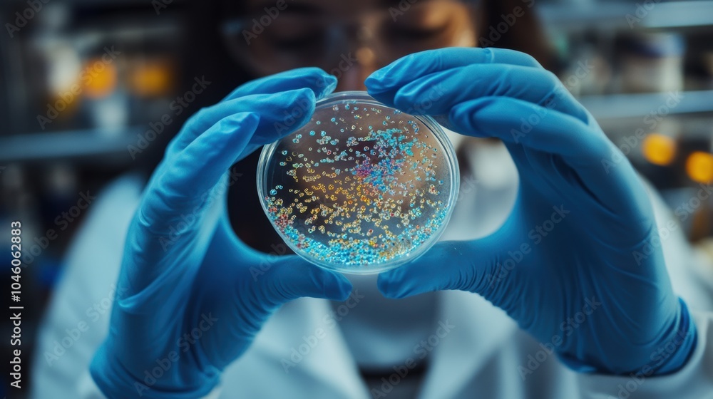 Aufkleber a scientist in a lab coat is closely analyzing vibrant bacteria cultures contained in a petri dish, 