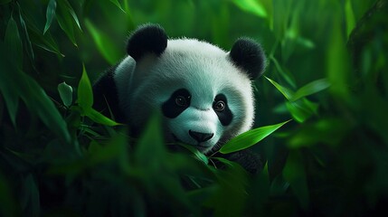 Obraz premium A panda bear sits in a green field, gazing into the distance with a melancholy expression on its face