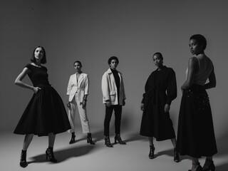 Group of Diverse Female Models in Chic Black and White Fashion Display