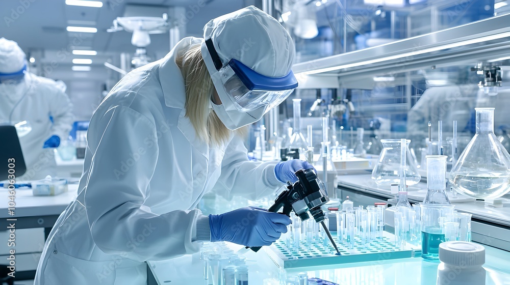 Poster technician utilizing advanced tools and equipment to carefully test and analyze biofuel in a futuris