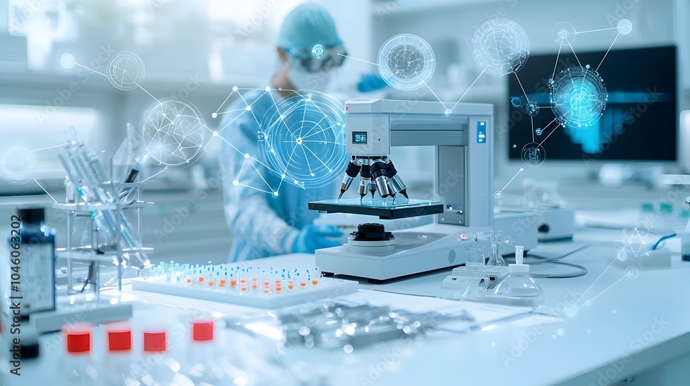 Poster futuristic scientist in a high tech laboratory conducting advanced research and testing on biofuel b