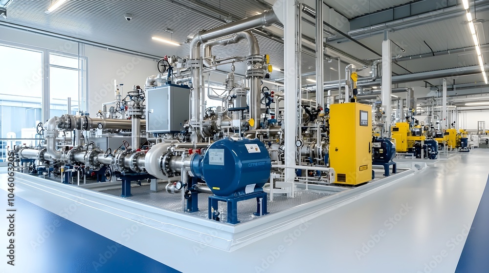Poster streamlined industrial natural gas plant featuring intricate piping systems clean and organized layo