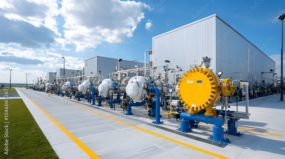 Poster sleek and modern natural gas processing facility showcasing a complex network of clean