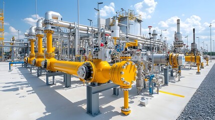 Sleek and efficient piping systems showcasing the intricate industrial aesthetics and advanced technology powering a modern high tech natural gas processing facility  The streamlined