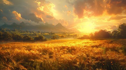 Golden Sunset Over Wheat Field