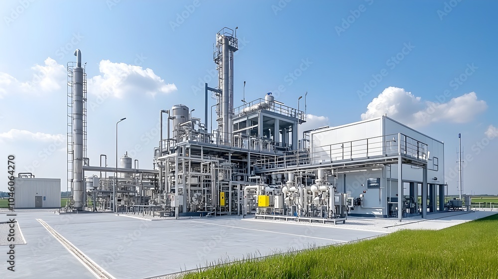 Poster futuristic biodiesel facility with advanced fuel processing technology designed for efficient clean 