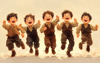 Fototapeta premium Endearing portrayal of boys in a playful stance, laughing and enjoying each others company in a cheerful illustration