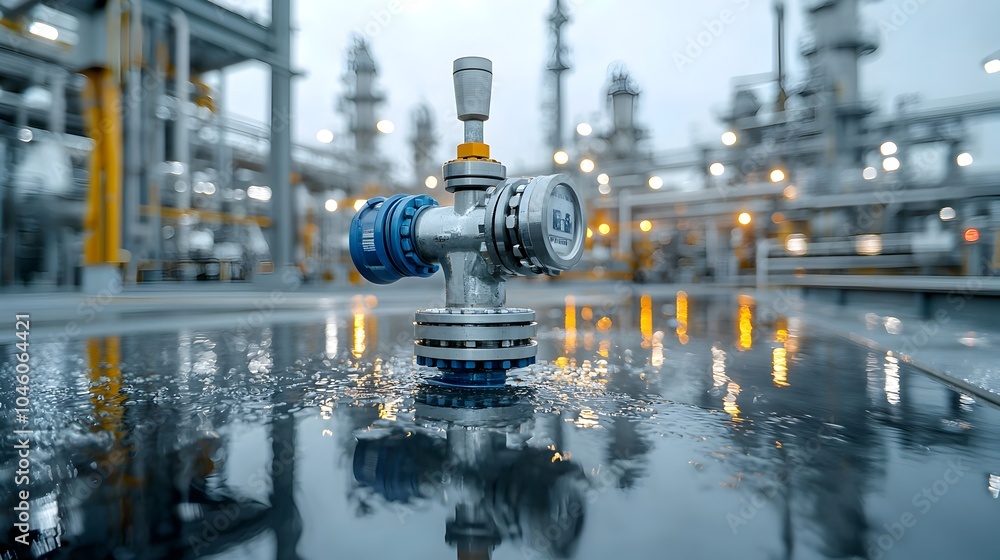 Poster high definition close up of a pressurized refinery valve with fuel moving through the industrial pip