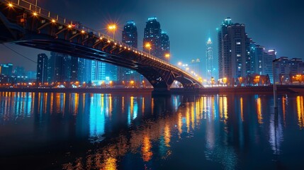 Fototapeta premium Night view of a city bridge with lights reflecting on the water, emphasizing architectural beauty