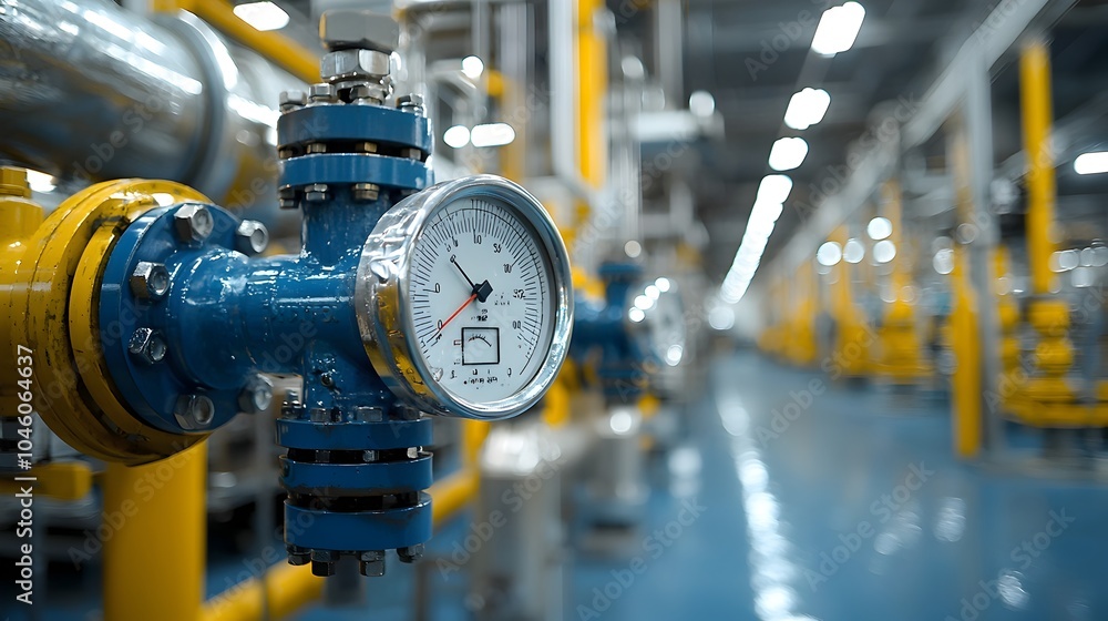 Poster Close up of a gleaming mechanical refinery valve shining with oil and pressure gauges visible the intricate textures of the metal pipes creating an industrial and high tech atmosphere