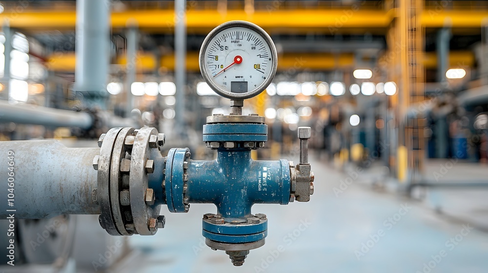 Poster Close up shot of a gleaming mechanical valve from an industrial refinery with visible pressure gauges and the textured surfaces of the surrounding metallic pipes creating an atmospheric