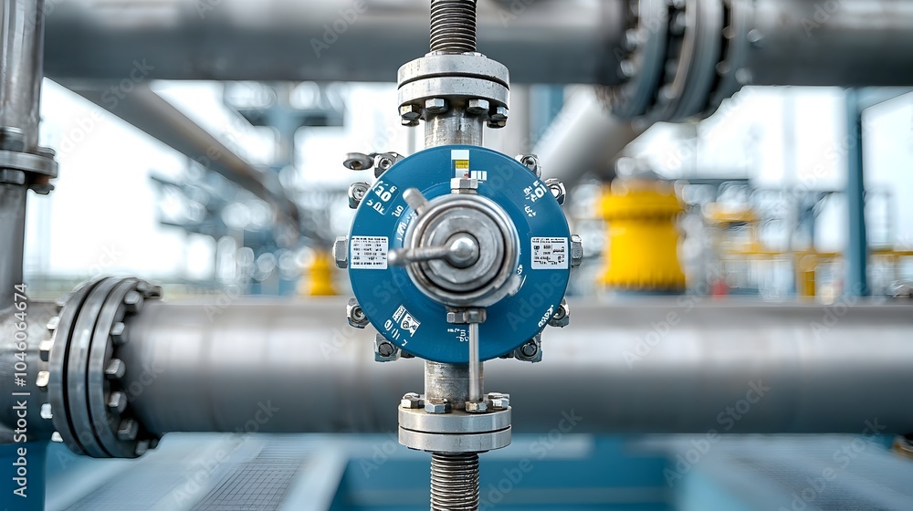 Poster close up shot of an industrial refinery valve precisely controlling the flow of fuel through a compl