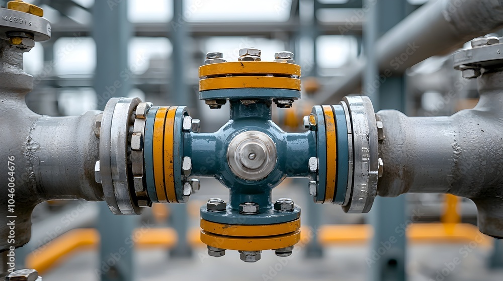 Poster close up shot of an industrial refinery valve precisely controlling the flow and pressure of fuel th
