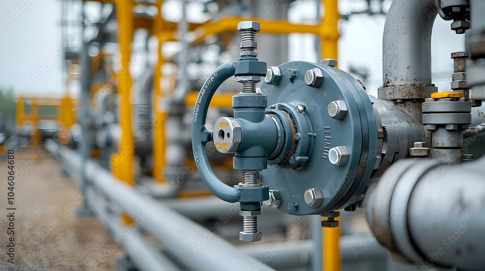 Poster closeup shot of a meticulously designed industrial valve at an oil refinery precisely controlling th