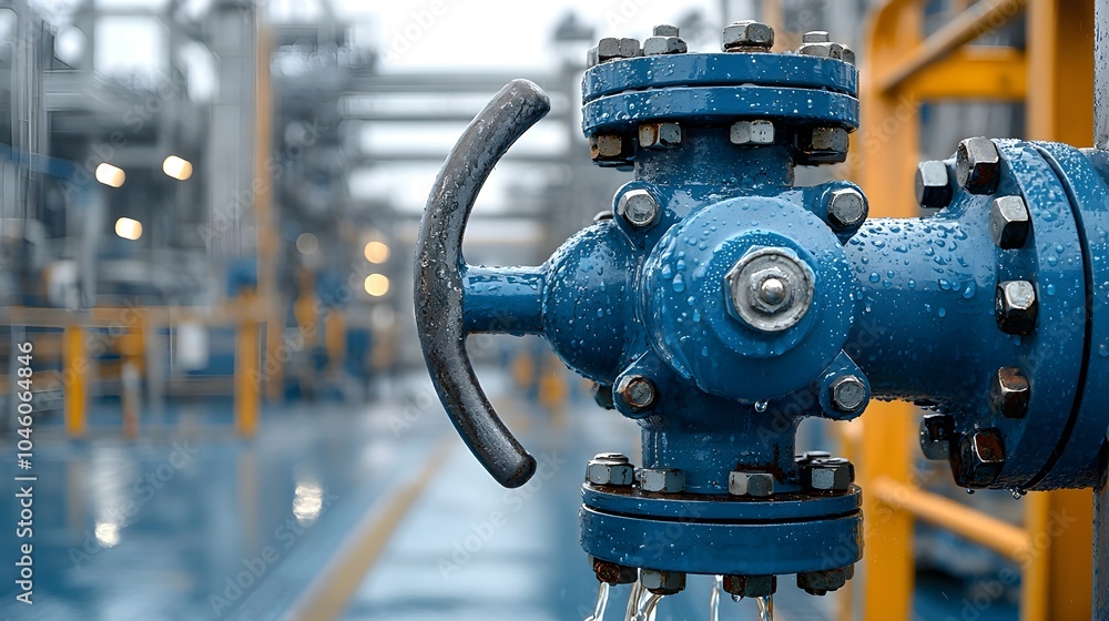 Poster detailed close up photograph showcasing the intricate design and engineering of a refinery valve wit