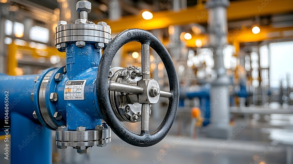 Poster close up view of a gleaming refinery valve controlling the flow of pressurized fuel through the surr