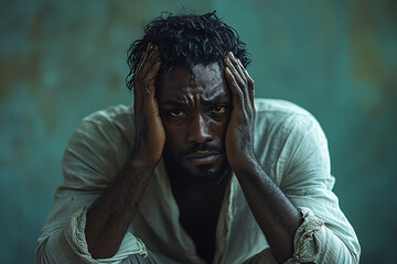 A deeply emotional close-up of a sad man in a muted green room, ideal for mental health awareness campaigns or articles on emotional distress and vulnerability.
