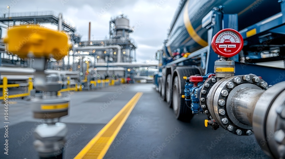 Poster fuel tanker being filled at a processing plant with valves and pipes working efficiently to capture 