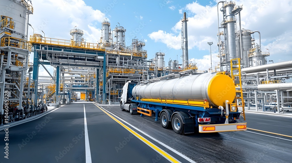 Poster tanker truck being loaded with fuel at an advanced refinery displaying a seamless logistics process 
