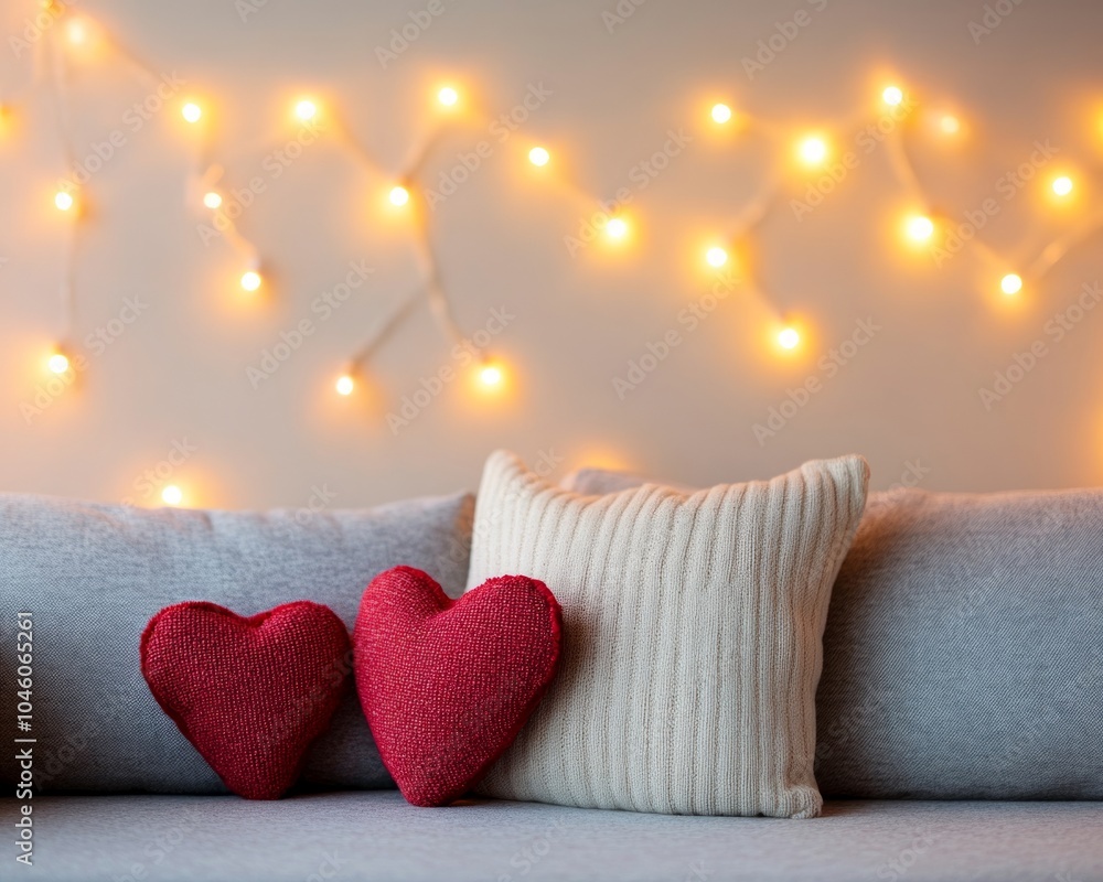 Sticker Cozy sofa with heart-shaped cushions and warm fairy lights in the background.