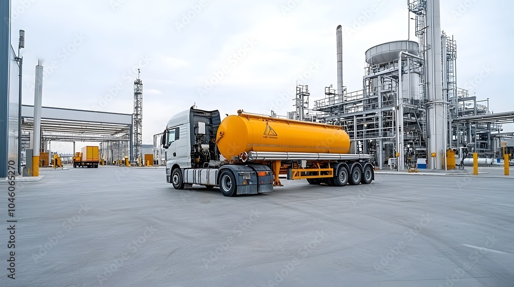 Poster seamless fueling as a tanker truck is loaded at a modern processing facility with logistics working 