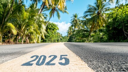 The road marked '2025' winds through lush tropical greenery, underlining themes of exploration, progress, and the beauty of nature amidst a clear blue sky.