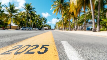A picturesque tropical road, accentuated with the bold marking '2025', stretches under clear blue skies, evoking thoughts of future journeys and possibilities.