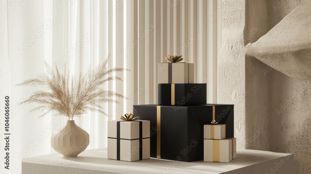 Aufkleber stylish geometric gift boxes are artfully displayed on a table, surrounded by soft textiles and natu