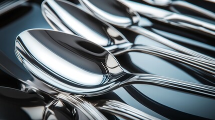 The chrome, stainless steel, and silver spoons appear clean and highly polished, with a side view showing the smooth, reflective metal in a stacked photo with clipping path
