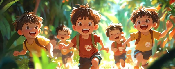 Whimsical illustration of a group of cute boys, capturing their playful energy and joyful expressions in a fun setting