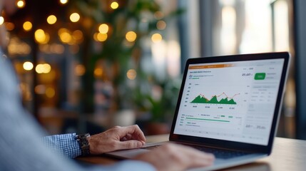 A man works on a laptop with data analytics software open in a modern cafe, surrounded by soft light and plants, embodying a blend of work and leisure.