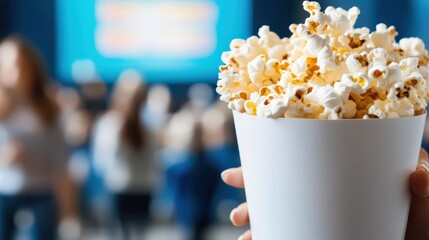 A container of popcorn is prominently displayed in the foreground while a blurry theater and audience set the scene, highlighting a cinematic experience.