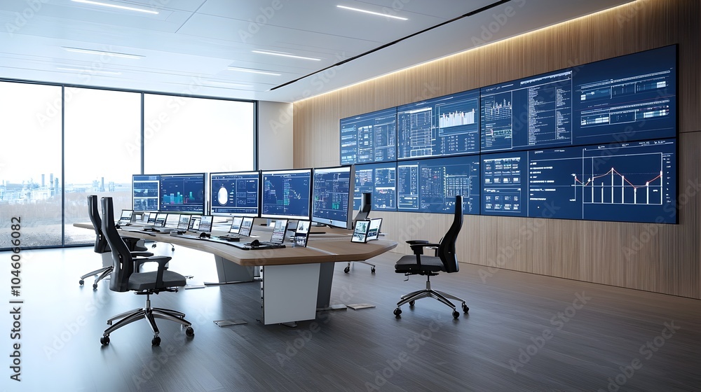 Poster Cutting Edge Fuel Processing Control Room with Wall to Wall Monitors Real Time Data Streams and Advanced Technological Systems Managing at a Sophisticated Industrial Facility