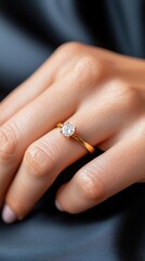 A close-up view of a hand wearing a beautiful, sparkling diamond engagement ring on the finger, showcasing elegance and style against a soft background.