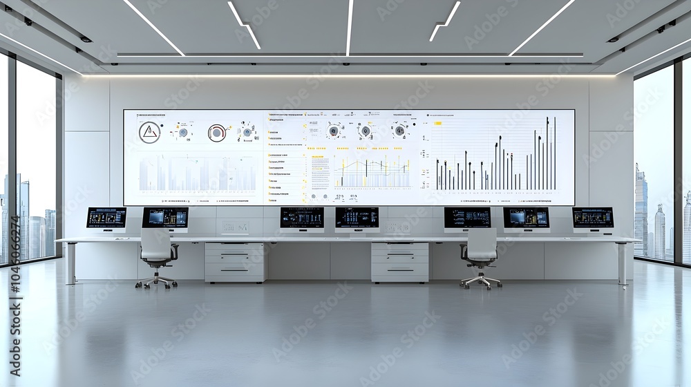 Poster Futuristic control room interior with clean modern workstations and monitors displaying complex fuel processing data illuminated by digital displays and advanced technological interfaces