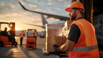 A warehouse worker in an orange vest uses a forklift to load cargo onto an aircraft wing, highlighting airport logistics and teamwork at sunset.