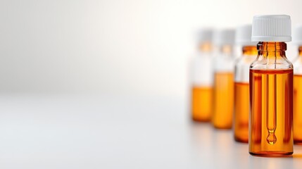 A row of amber bottles aligned neatly on a softly lit white surface; this image exudes order, cleanliness, and the elegant simplicity of its design.