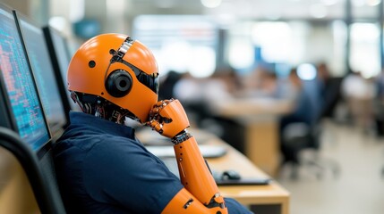 Fototapeta premium A robot sat in an office, surrounded by computers, illustrating a blend of technology and humanity, probing themes of artificial intelligence and the future work landscape.
