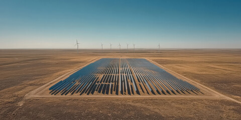 A solar farm or wind turbine installation in a previously barren or unused land area