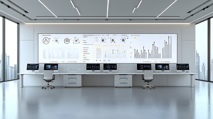 Futuristic control room interior with clean modern workstations and monitors displaying complex fuel processing data illuminated by digital displays and advanced technological interfaces