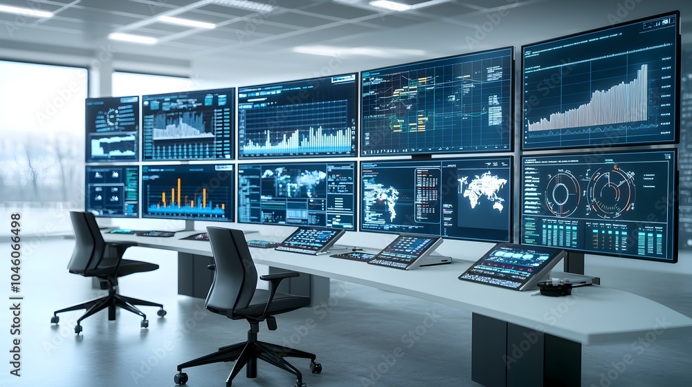 Aufkleber cutting edge high tech control room filled with monitors displaying fuel processing data graphs and 