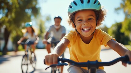 Naklejka premium A young child wearing a helmet smiles widely while riding a bike on a sunny day, with family members cycling behind, capturing the essence of outdoor joy and togetherness.