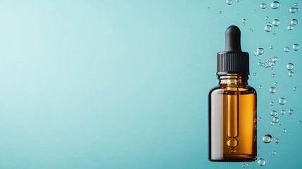 A decorative serum bottle against a fresh aqua background, surrounded by bubbles, capturing the essence of freshness and purity in skincare products.