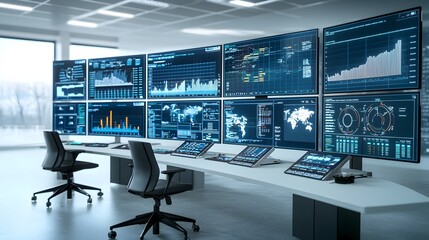 Cutting Edge High Tech Control Room Filled with Monitors Displaying Fuel Processing Data Graphs and Analytics Driving Seamless Industrial