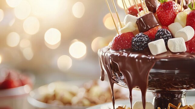   A chocolate cake topped with strawberries, marshmallows, and more marshmallows
